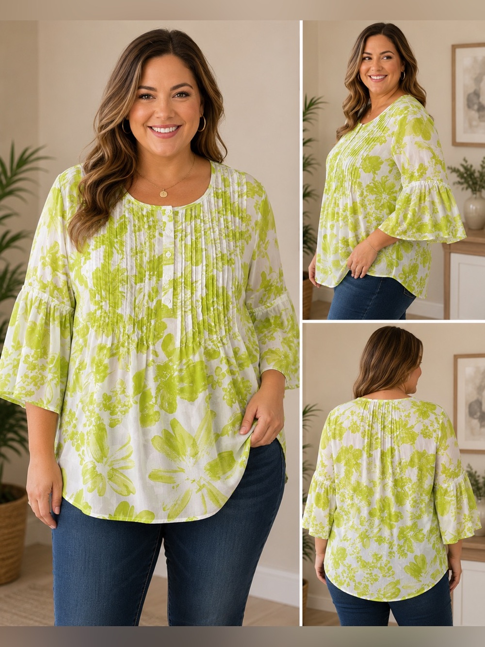 Multiples 1X Lime Green Floral Pintuck Bell Sleeve Blouse